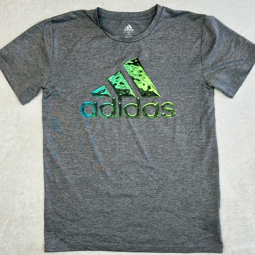Adidas Boys Heather Grey Liquid Metal Graphic Logo T-Shirt‎ Size L 14/16